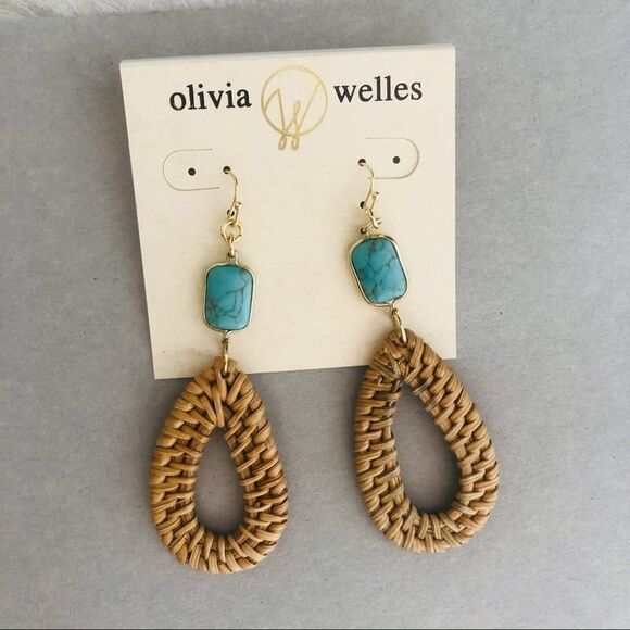 Olivia Welles Sandra Straw Drop Earrings, Tan/Turquoise, NWT - Picture 5 of 7